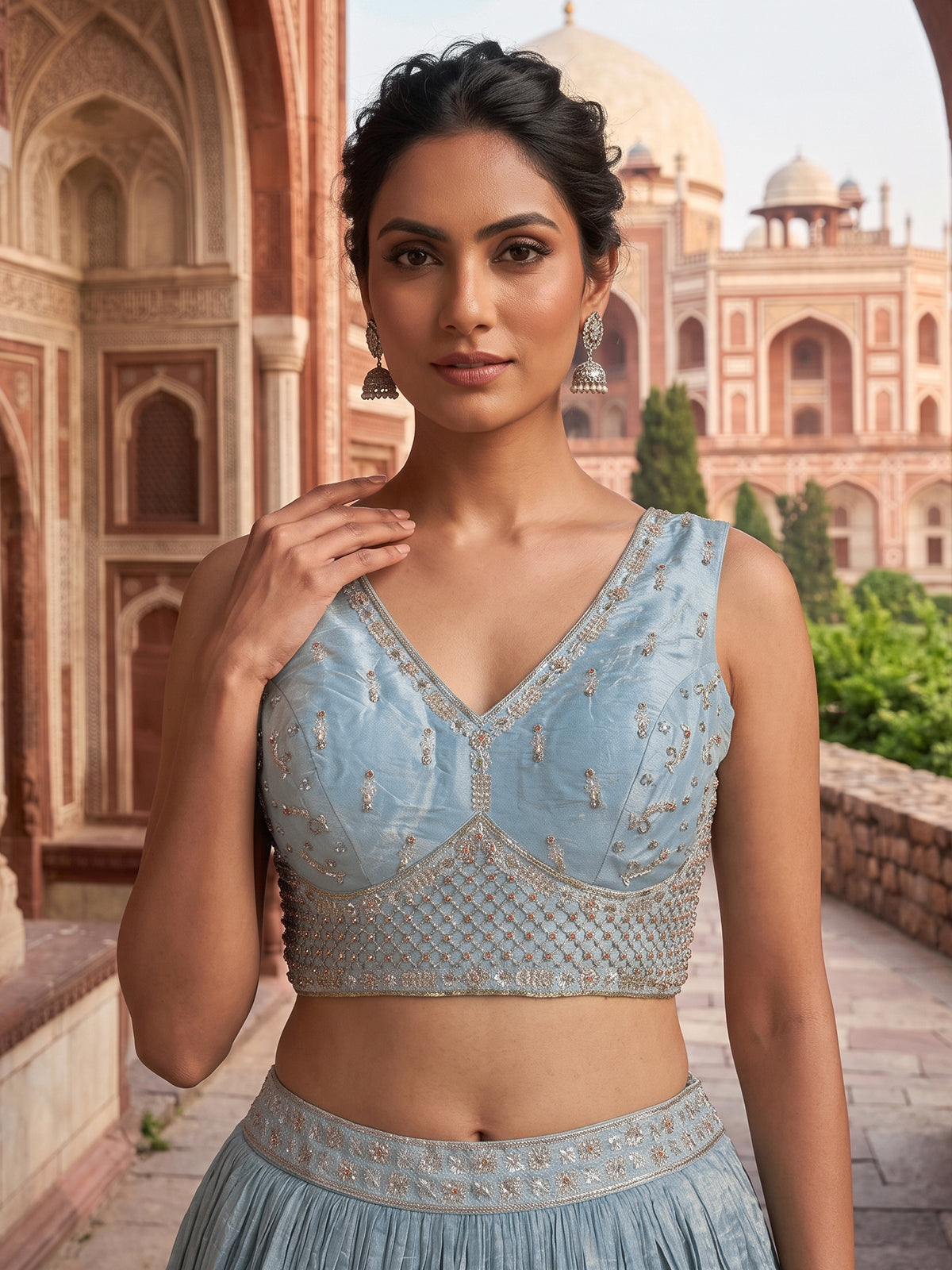 Sky blue tissue silk shimmer celebration lehenga