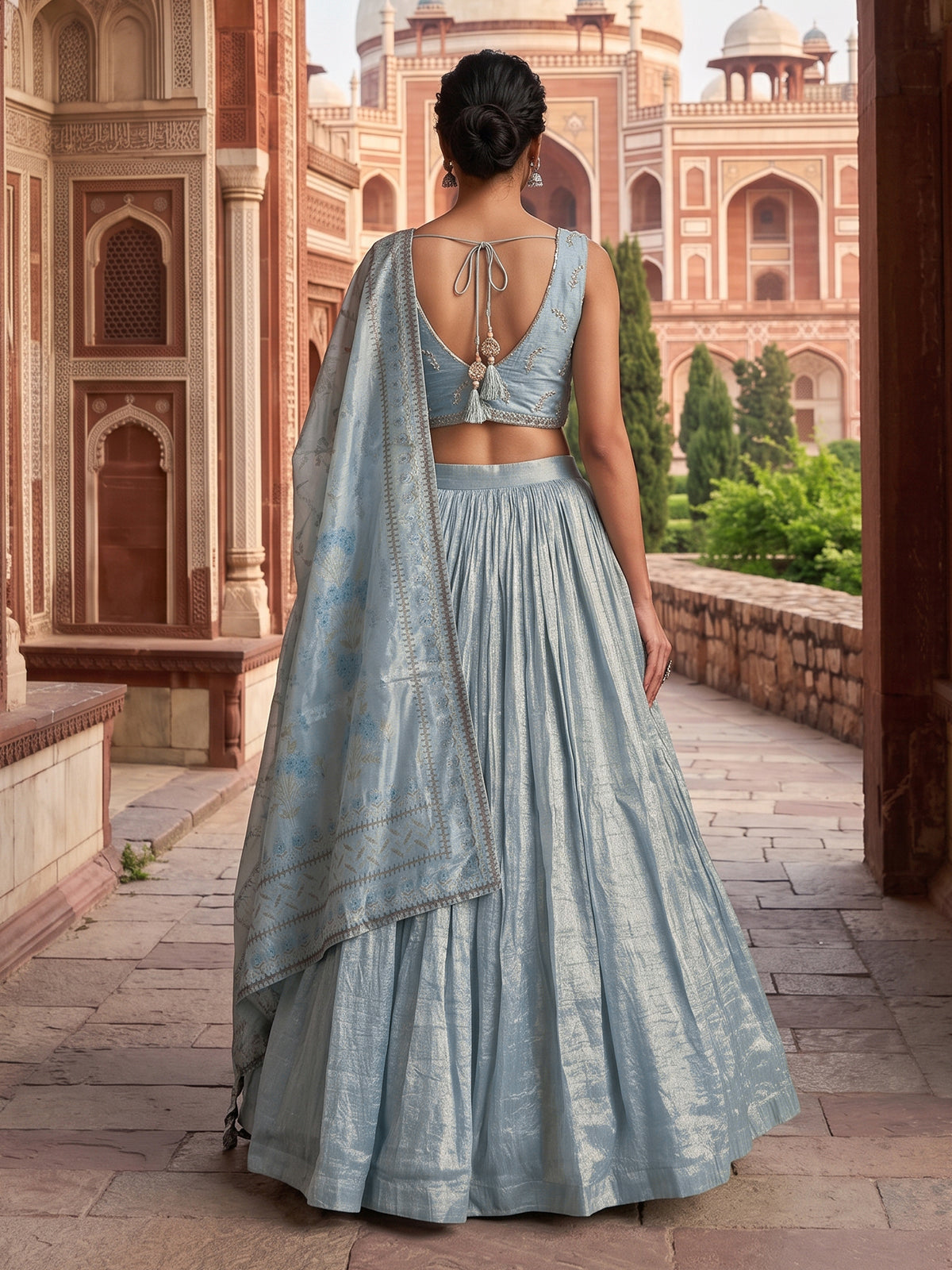 Sky blue tissue silk shimmer celebration lehenga