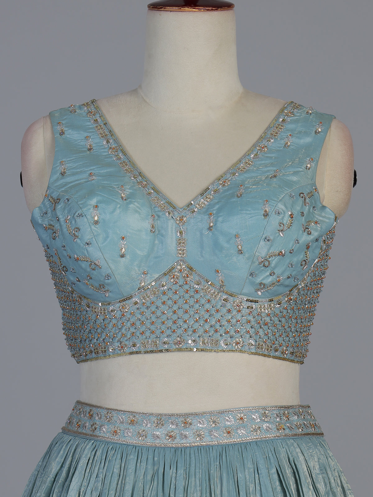 Sky blue tissue silk shimmer celebration lehenga