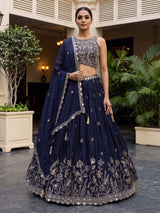 Navy blue embellished silk wedding lehenga choli creation