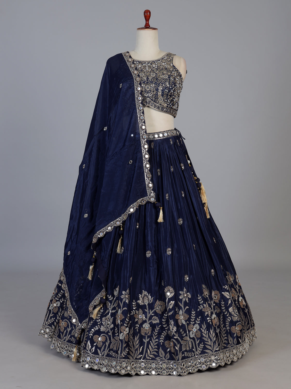 Navy blue embellished silk wedding lehenga choli creation