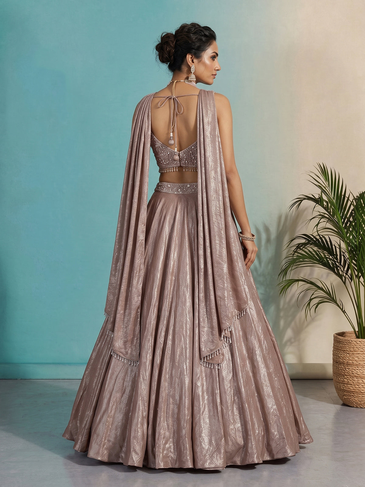 Onion pink tissue silk party wear lehenga choli look