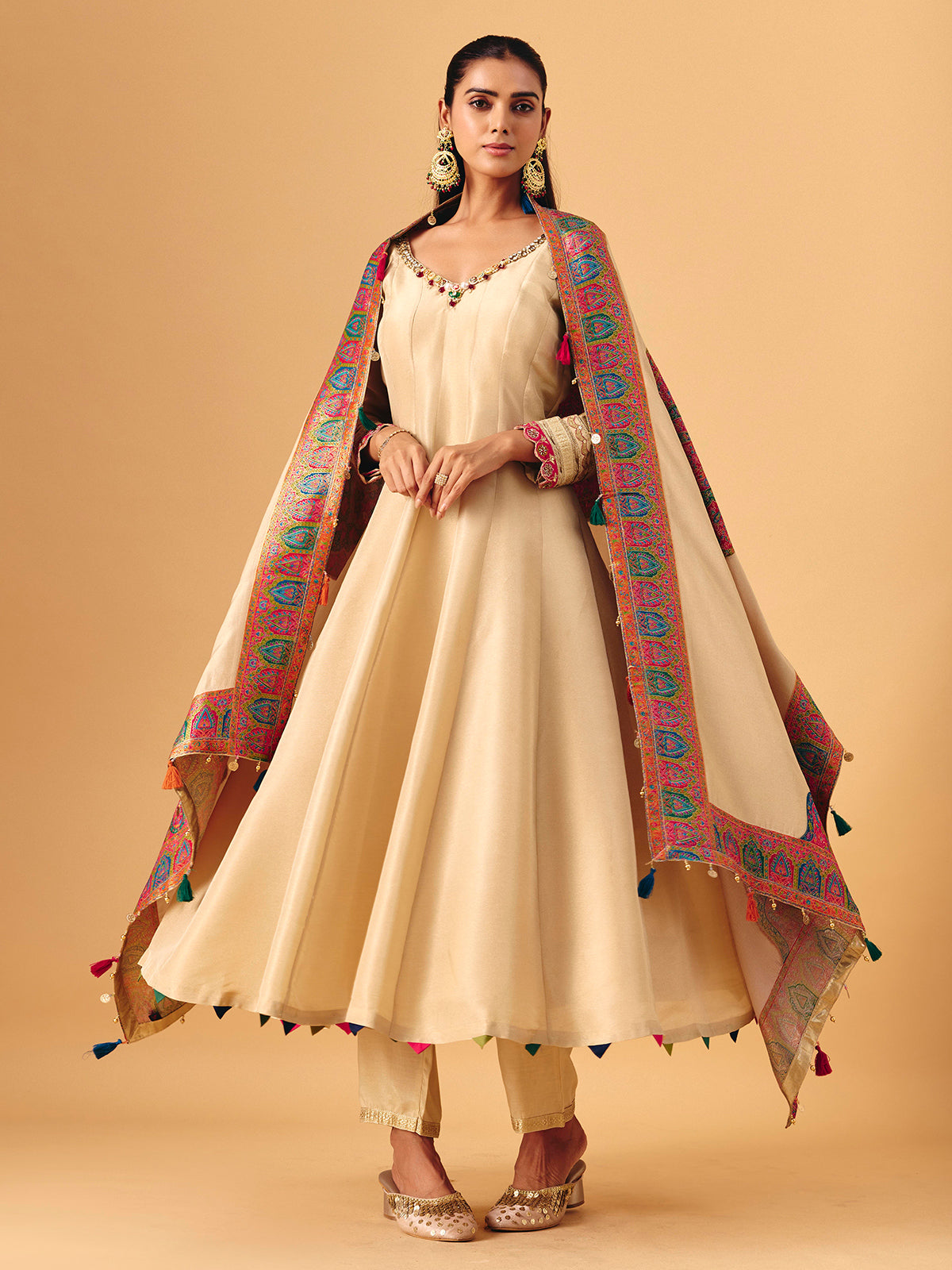 Beige tissue silk anarkali suit with dupatta for women