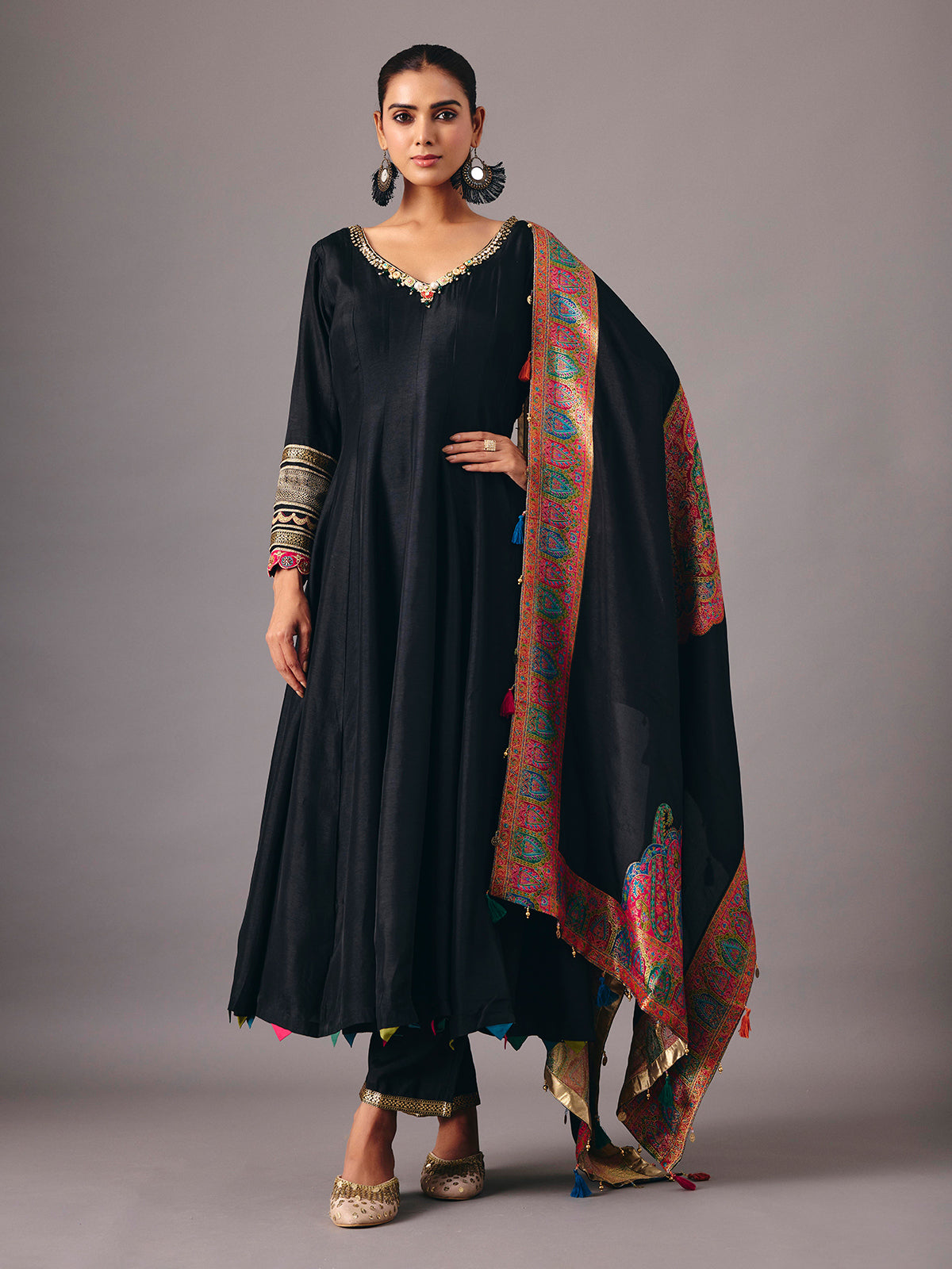 Black tissue silk anarkali suit with dupatta for women