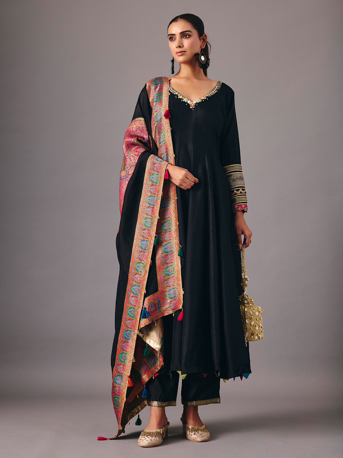 Black tissue silk anarkali suit with dupatta for women