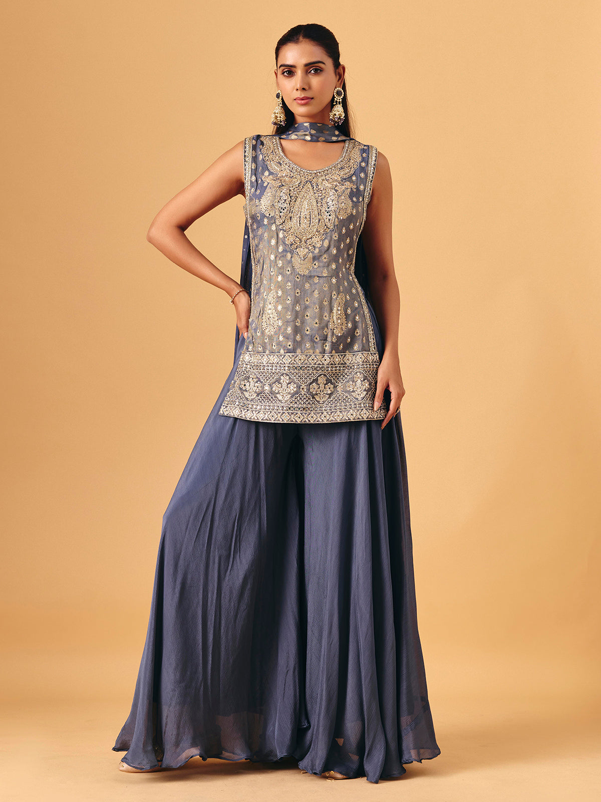 Grey chiffon georgette palazzo suit with zari embellishments for women