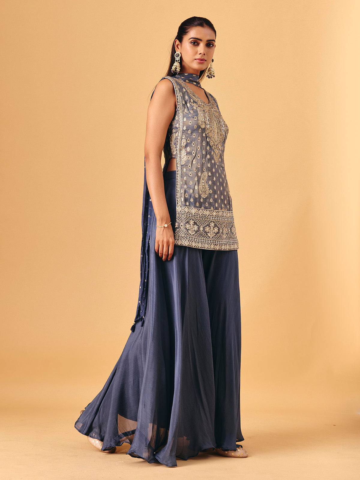 Grey chiffon georgette palazzo suit with zari embellishments for women
