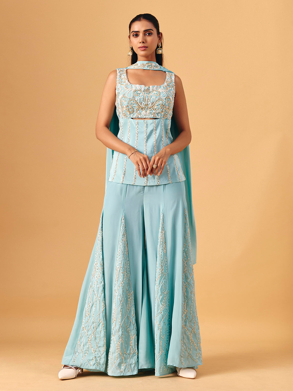 Sky blue chinon silk palazzo suit with sequin accents for women