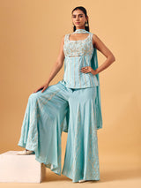 Sky blue chinon silk palazzo suit with sequin accents for women