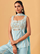 Sky blue chinon silk palazzo suit with sequin accents for women