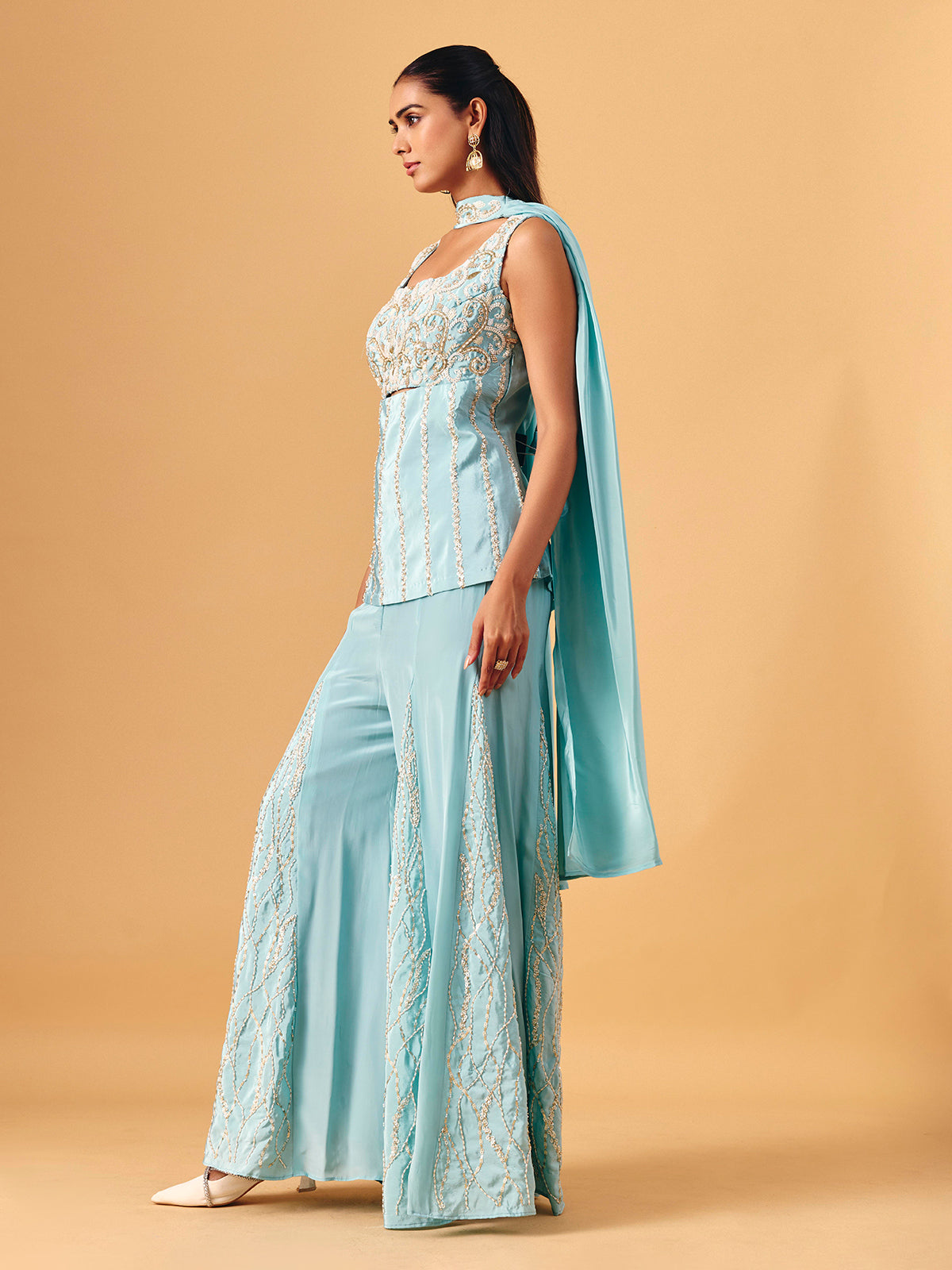Sky blue chinon silk palazzo suit with sequin accents for women