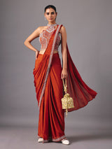 Rust orange ready to wear saree with embellished halter blouse for women