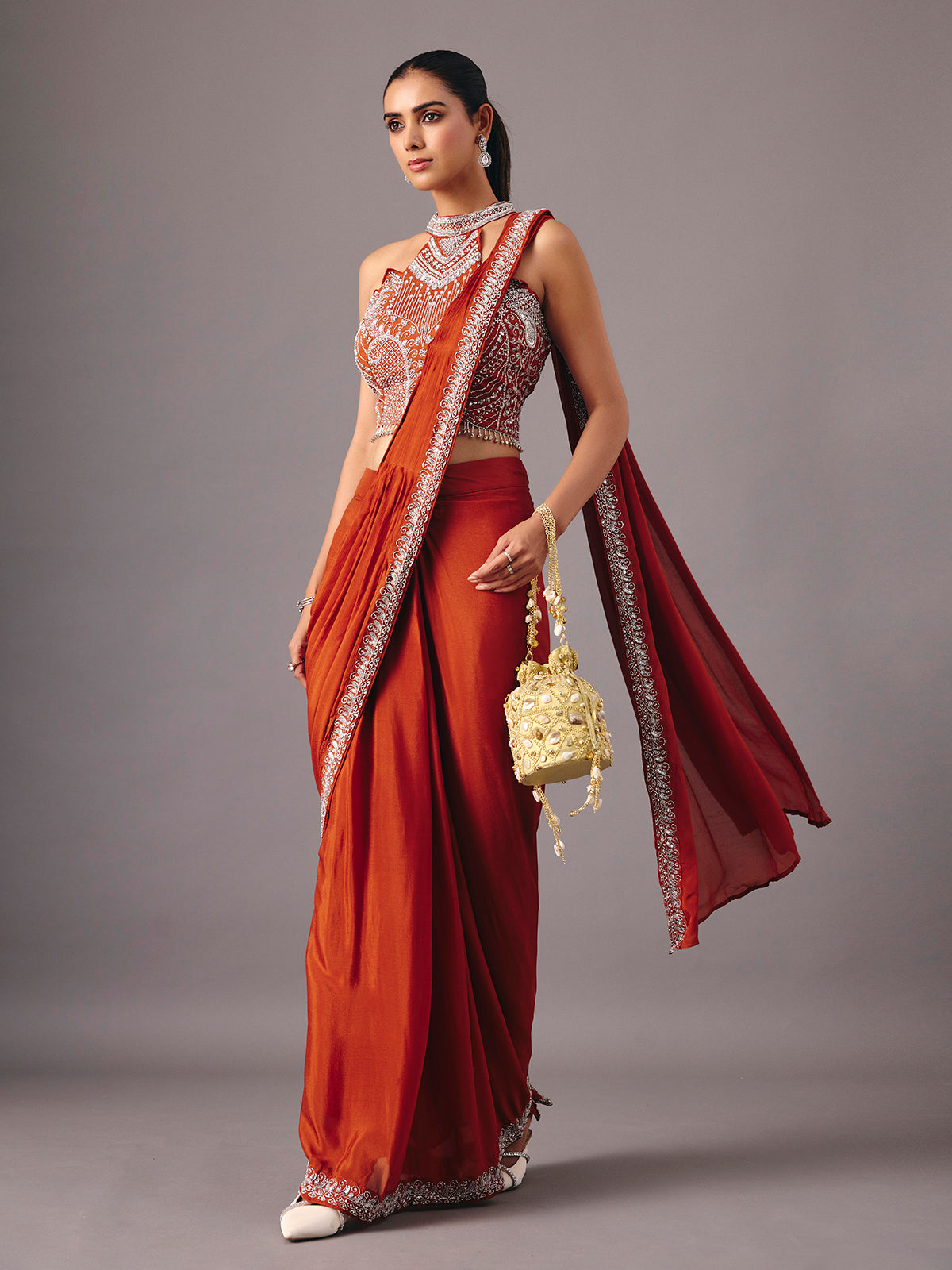 Rust orange ready to wear saree with embellished halter blouse for women