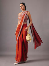 Rust orange ready to wear saree with embellished halter blouse for women