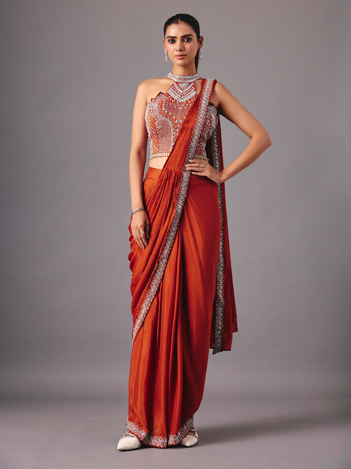 Rust orange ready to wear saree with embellished halter blouse for women