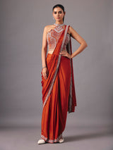 Rust orange ready to wear saree with embellished halter blouse for women