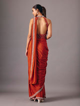 Rust orange ready to wear saree with embellished halter blouse for women