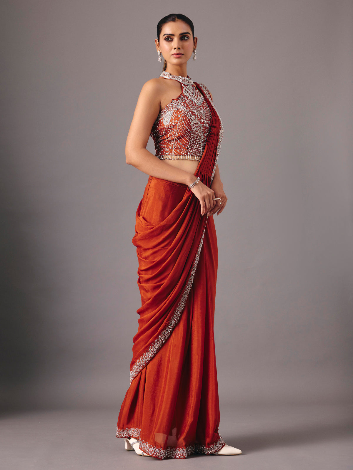 Rust orange ready to wear saree with embellished halter blouse for women