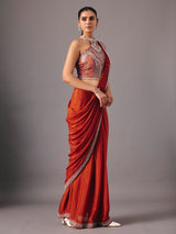 Rust orange ready to wear saree with embellished halter blouse for women