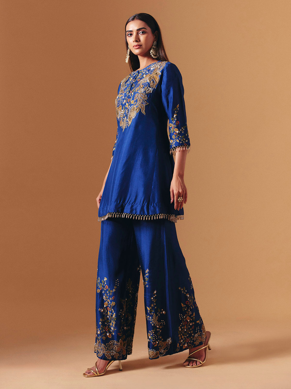 Royal blue silk floral palazzo suit with elegant yoke style for women