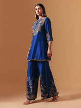 Royal blue silk floral palazzo suit with elegant yoke style for women