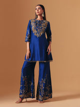 Royal blue silk floral palazzo suit with elegant yoke style for women