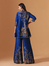 Royal blue silk floral palazzo suit with elegant yoke style for women
