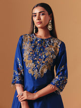 Royal blue silk floral palazzo suit with elegant yoke style for women