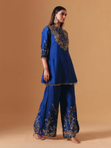 Royal blue silk floral palazzo suit with elegant yoke style for women