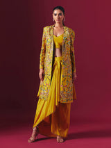 Mustard yellow silk jacket style indowestern suit with floral motifs for women