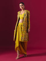 Mustard yellow silk jacket style indowestern suit with floral motifs for women