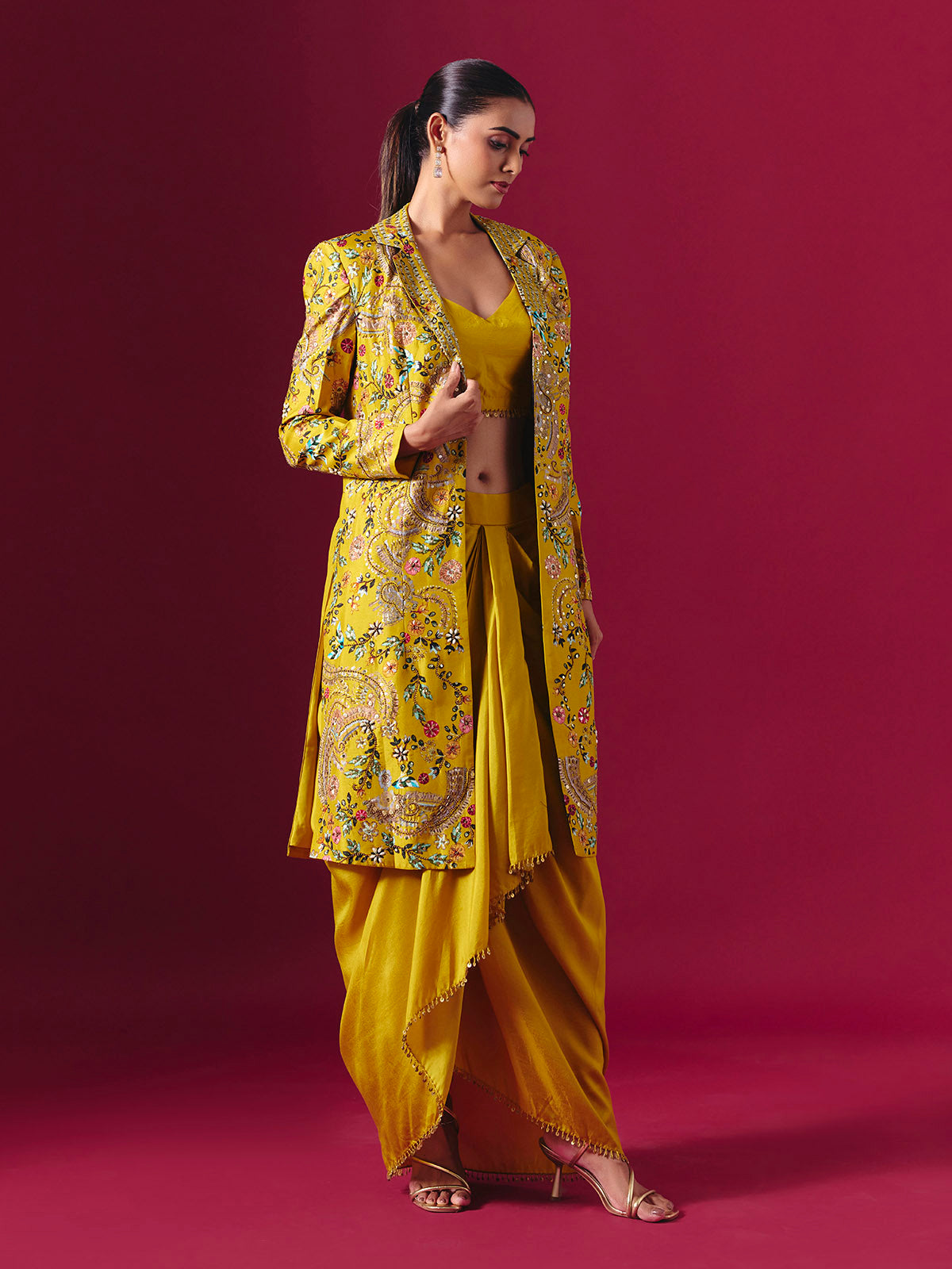 Mustard yellow silk jacket style indowestern suit with floral motifs for women
