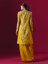 Mustard yellow silk jacket style indowestern suit with floral motifs for women