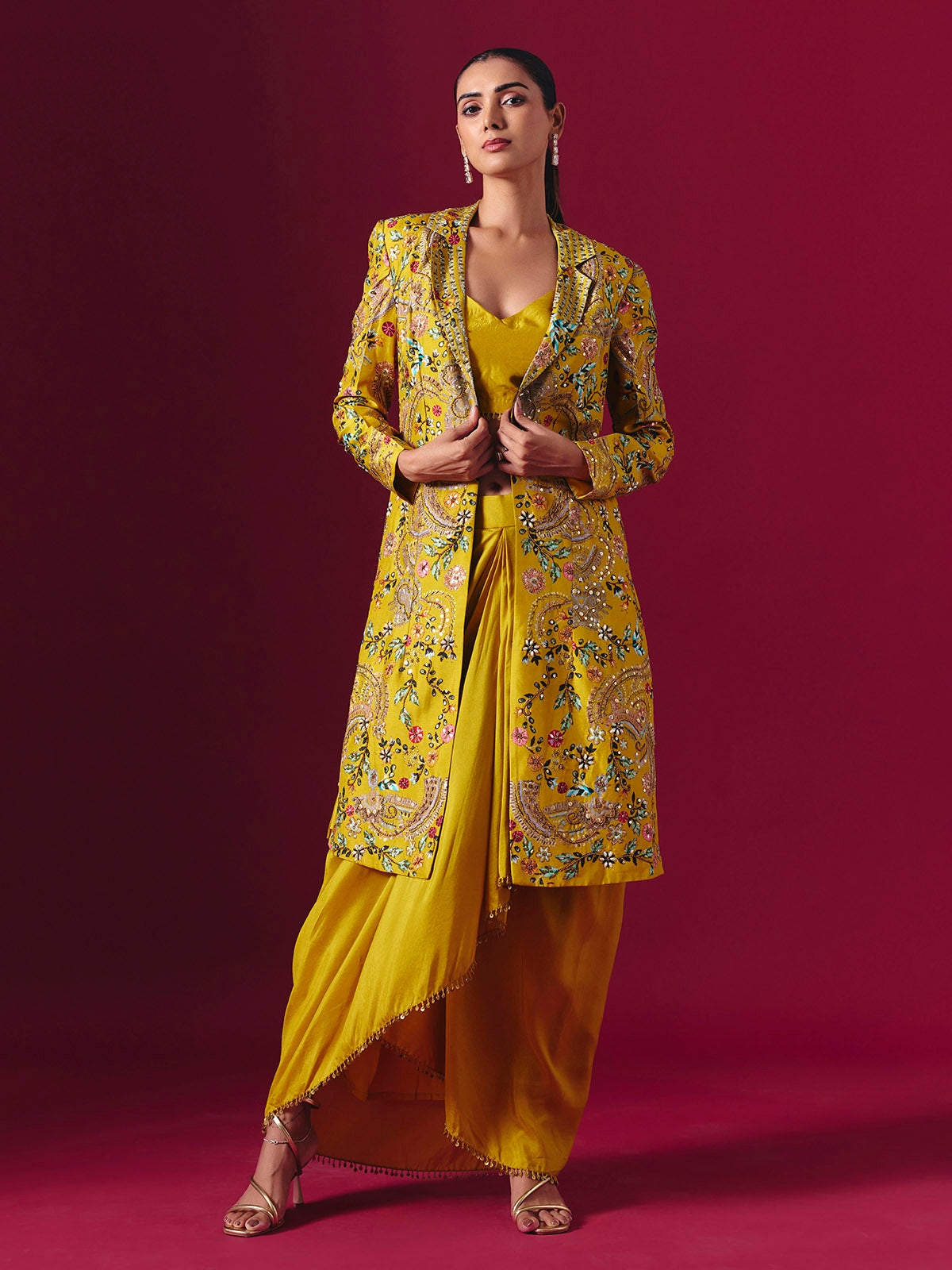 Mustard yellow silk jacket style indowestern suit with floral motifs for women
