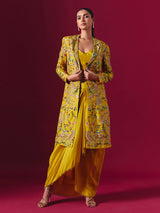 Mustard yellow silk jacket style indowestern suit with floral motifs for women