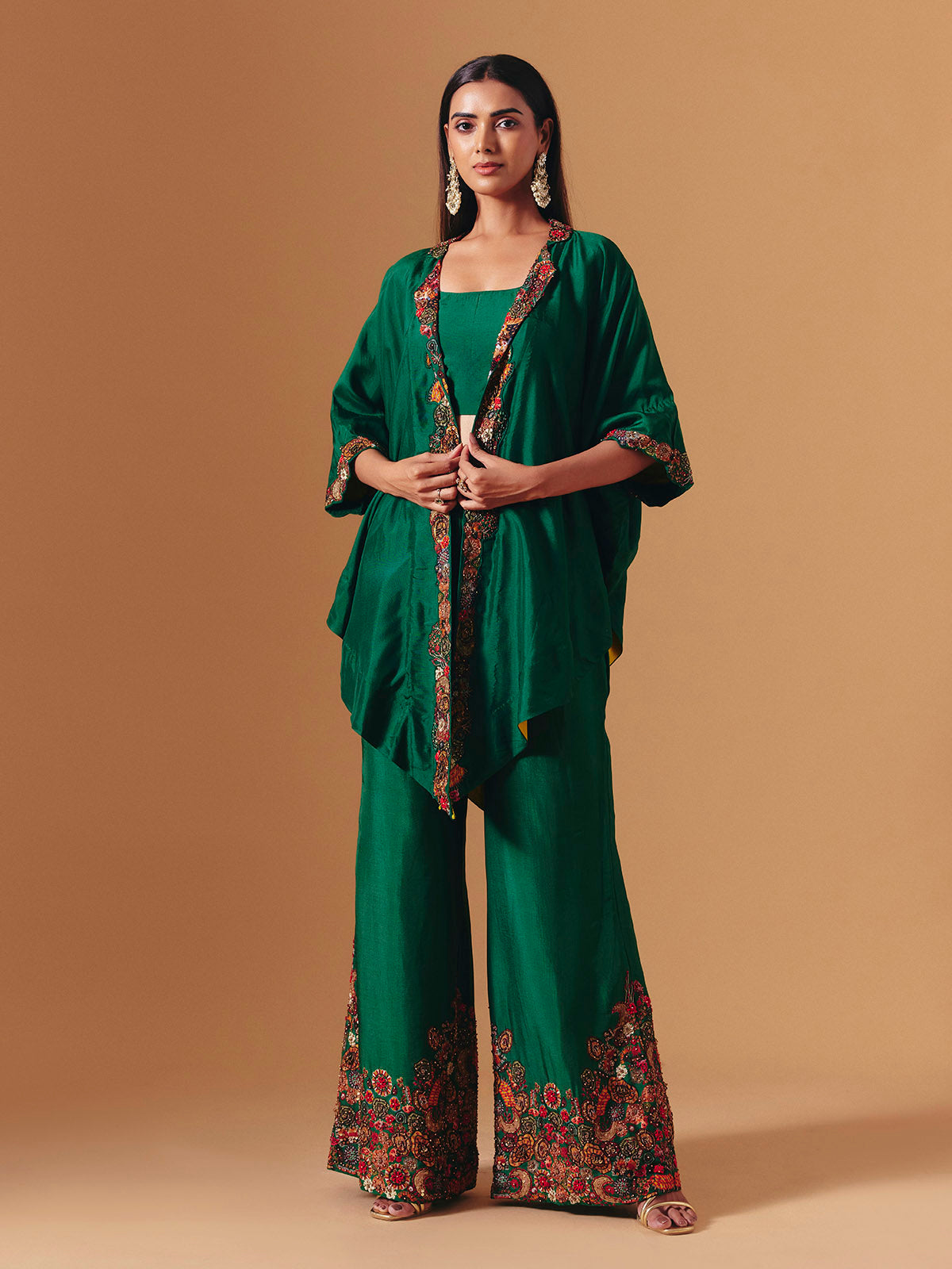 Green silk designer floral palazzo suit for women