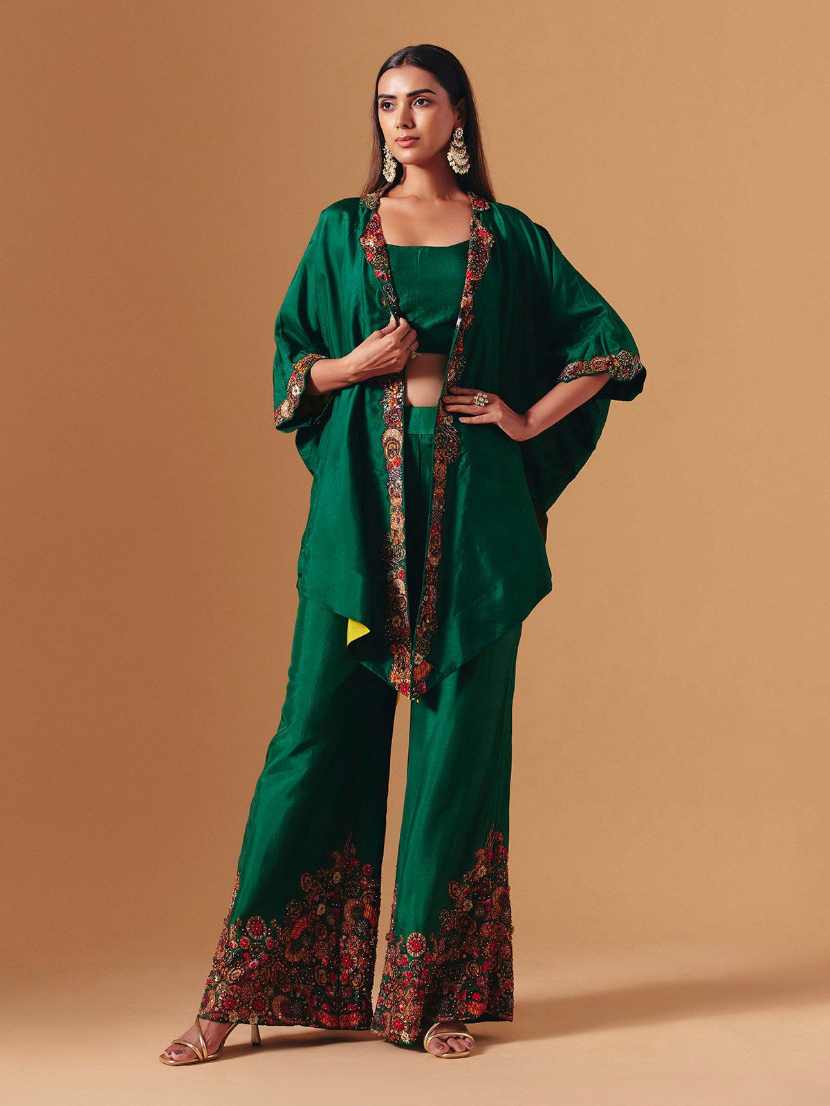 Green silk designer floral palazzo suit for women