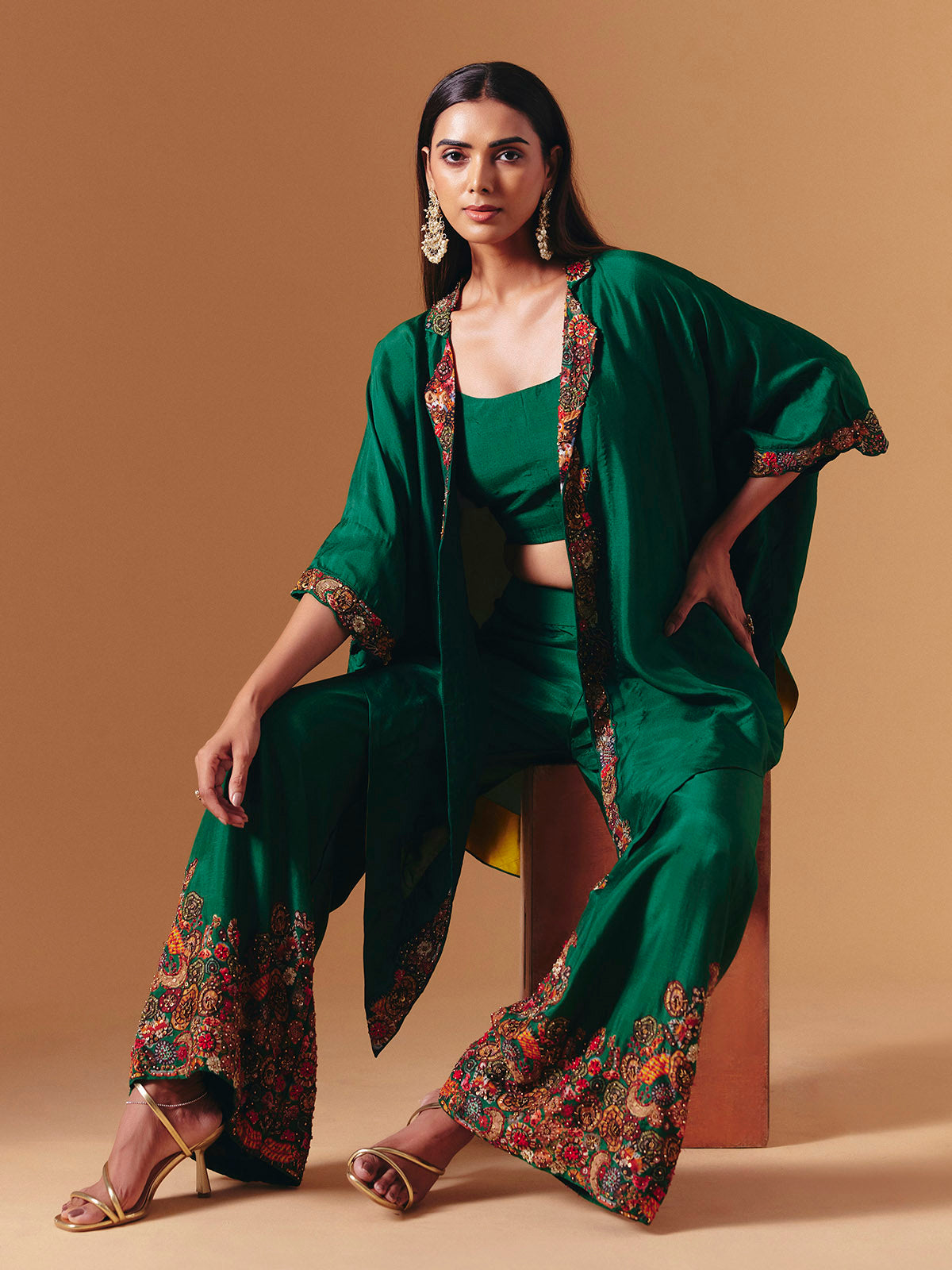 Green silk designer floral palazzo suit for women