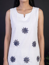 White cotton embroidered casual sleeveless sweetheart neck kurti