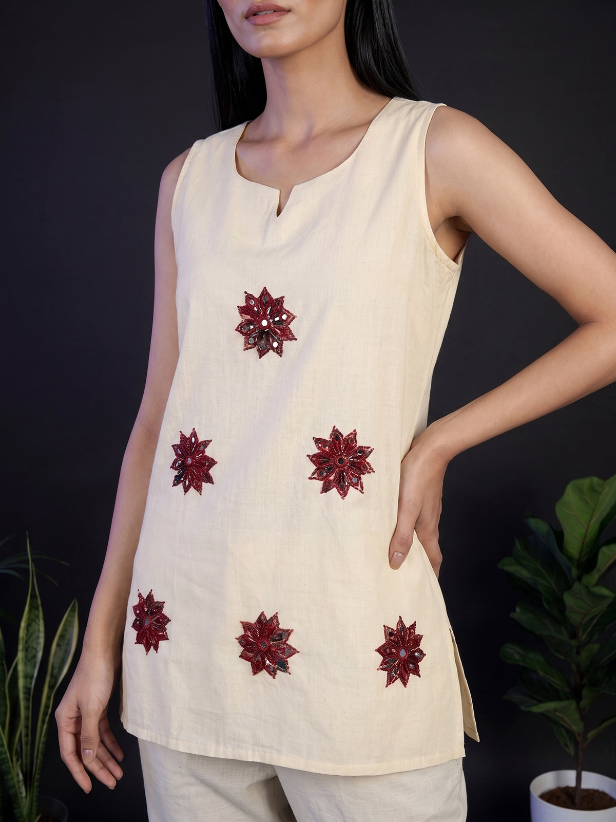Cream cotton embroidered casual sleeveless sweetheart neck kurti