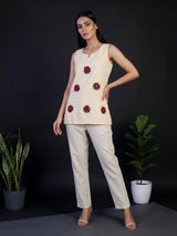 Cream cotton embroidered casual sleeveless sweetheart neck kurti