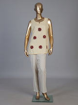 Cream cotton embroidered casual sleeveless sweetheart neck kurti