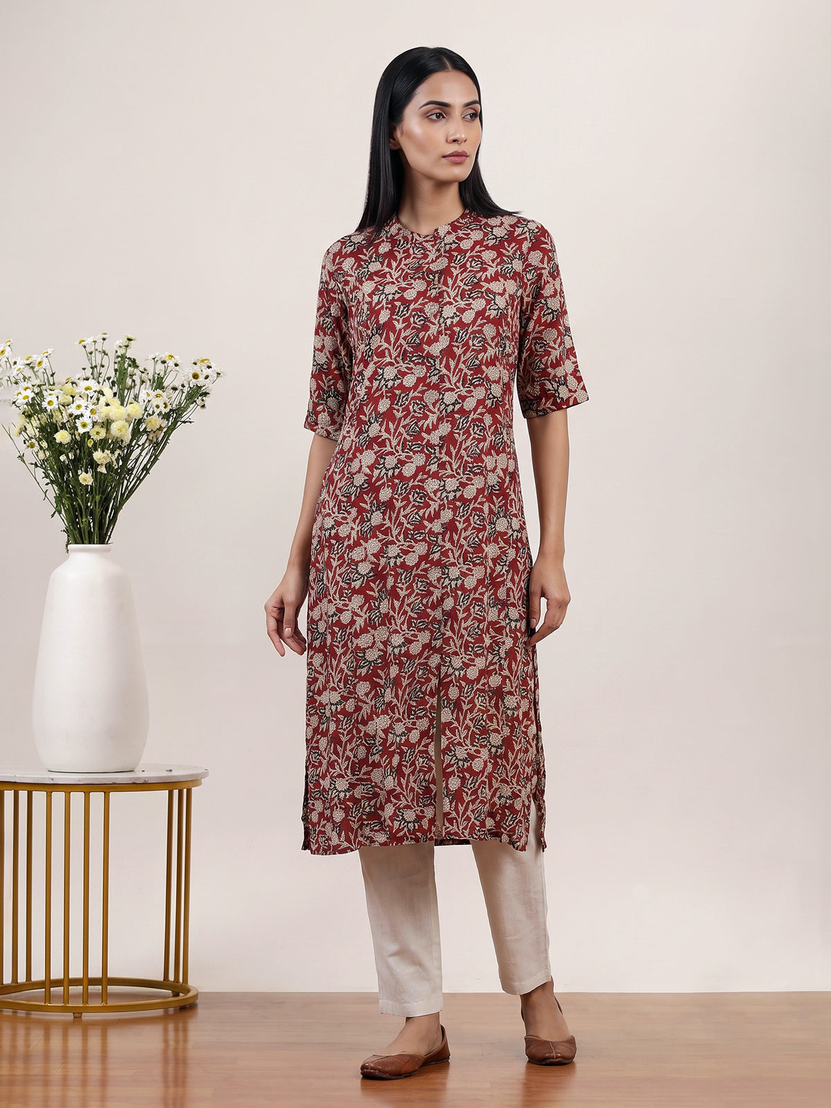 Maroon cotton silk floral printed casual stand collar elbow sleeve kurti
