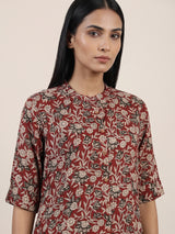 Maroon cotton silk floral printed casual stand collar elbow sleeve kurti