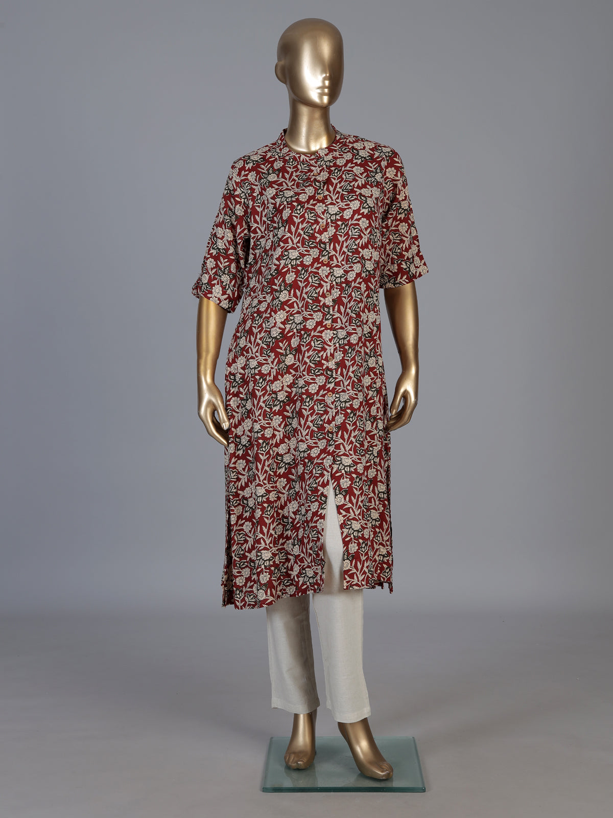 Maroon cotton silk floral printed casual stand collar elbow sleeve kurti