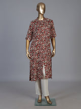 Maroon cotton silk floral printed casual stand collar elbow sleeve kurti