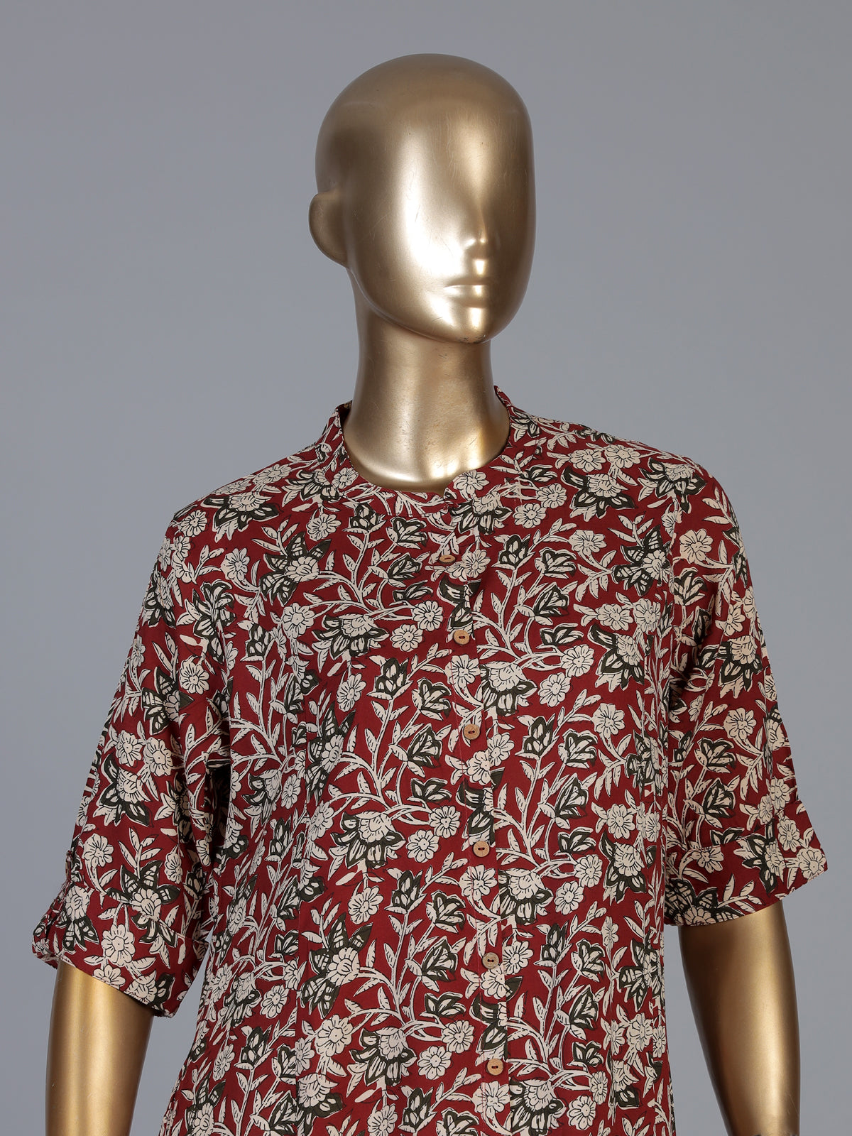Maroon cotton silk floral printed casual stand collar elbow sleeve kurti