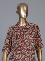 Maroon cotton silk floral printed casual stand collar elbow sleeve kurti