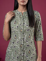 Pista green cotton silk floral printed stand collar casual kurti