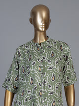 Pista green cotton silk floral printed stand collar casual kurti